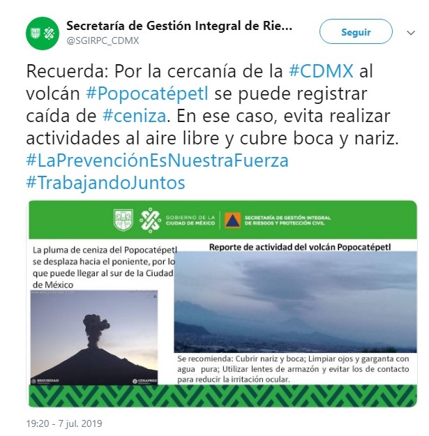 Alertan posible caída de ceniza volcánica en el sur de la CDMX